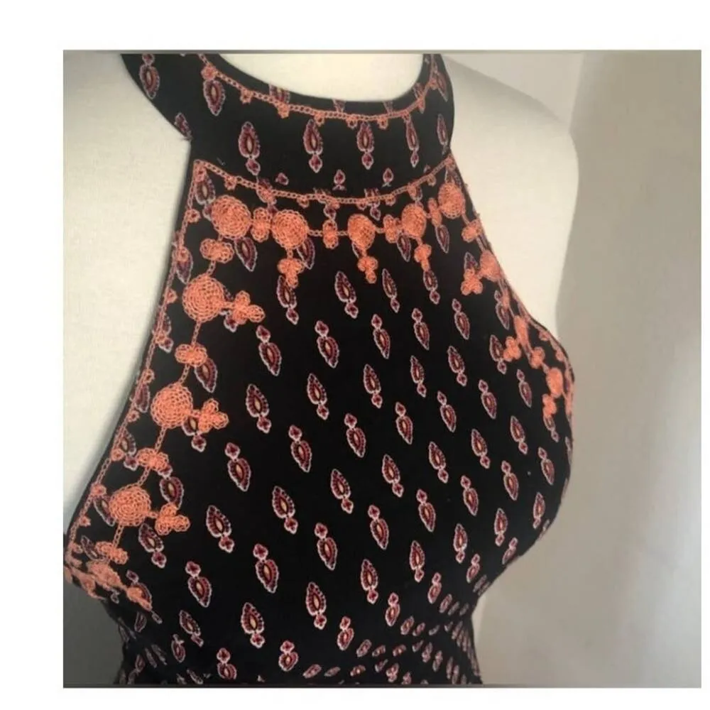 LF Millau Choker Tribal Boho Embroidered Halter Mini Dress Black Orange Medium - Image 2