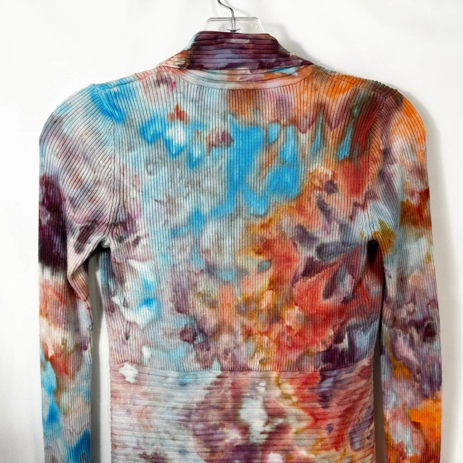 White House Black Market XS Cardigan Handmade Tie Dye Ribbed Open Front Knit 725 - Image 8