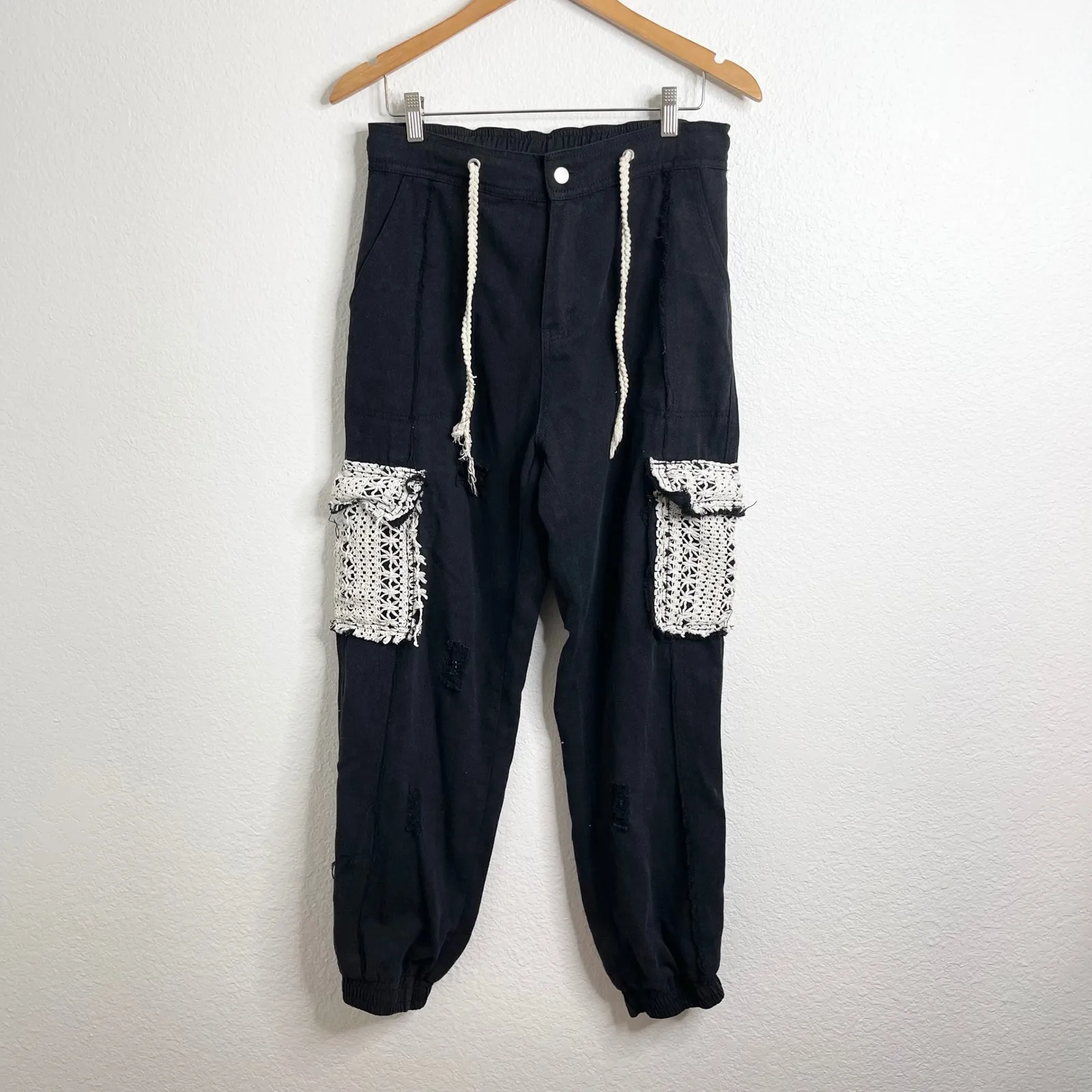 POL Black Lace Patch Distressed Cargo Jogger Pants Womens Size M - Image 2