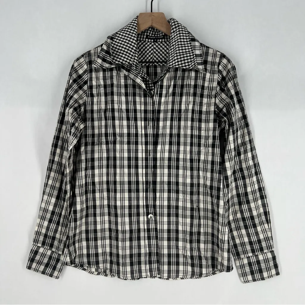 A'Nue Ligne Black White Silk Gingham Layered Double Collared Shirt Size M Black Size M - Image 1