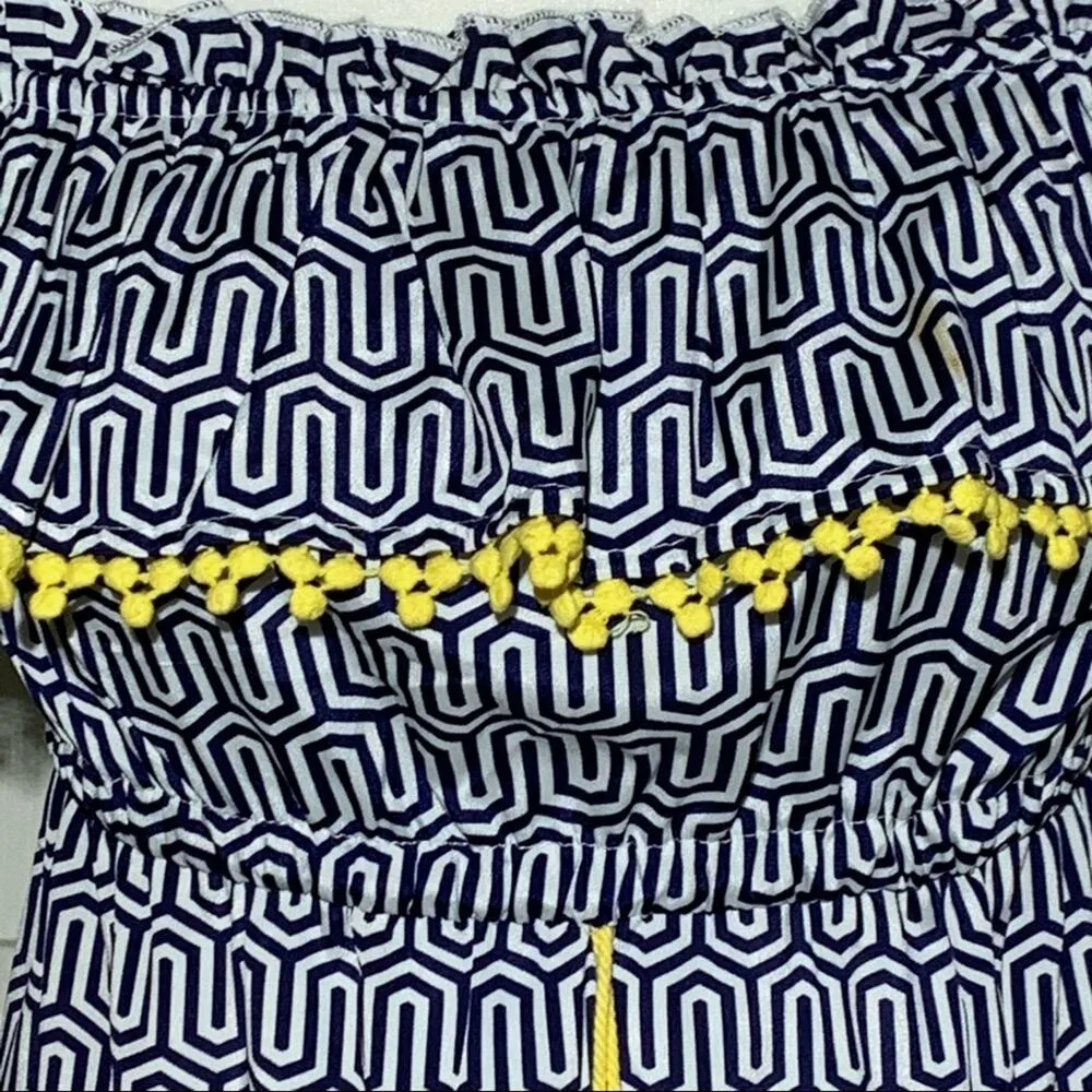 Mud Pie Maxi Dress Blue White Pattern Yellow Tassels Strapless Flowy Dress Small - Image 9