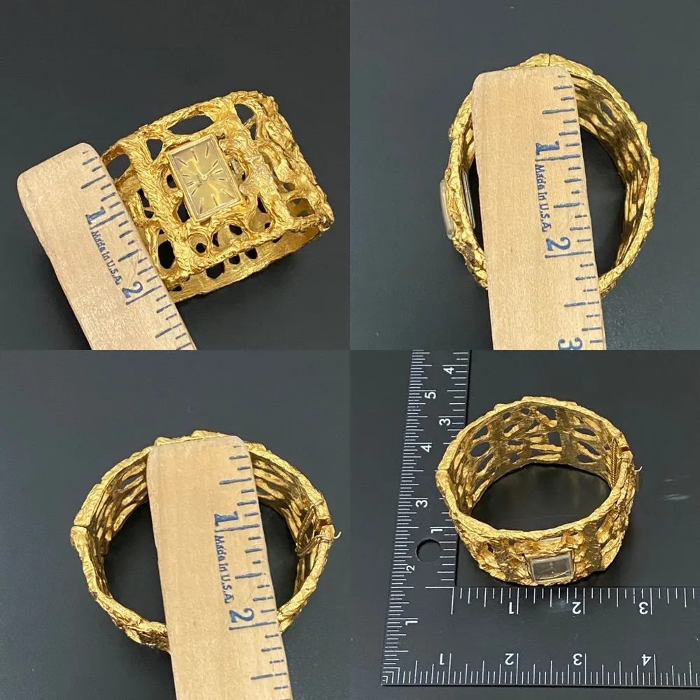 Vintage TRIFARI Jon Bailey Sculptured Goldtone Wide Cuff Wind Up Watch Bracelet - Image 12