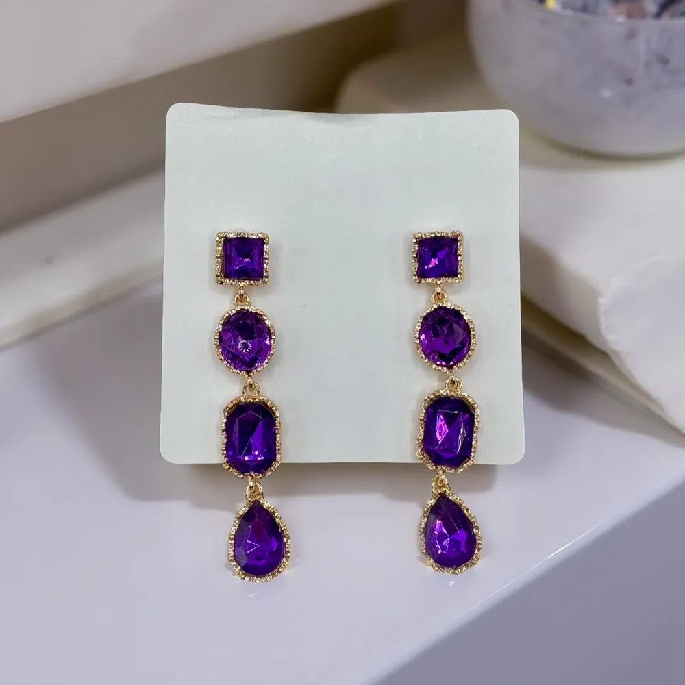 Dramatic Violet Rhinestone Water Drop long Earrings Purple - Image 3