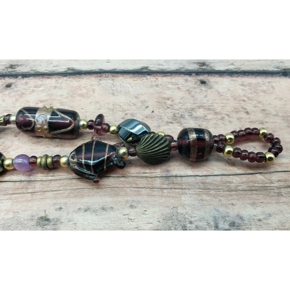 Double Strand Beaded Bracelet Fish Heart Seashell Charms 8" Toggle Clasp Brown - Image 11