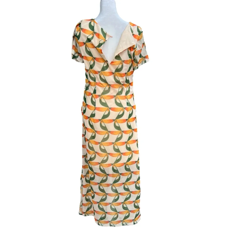 FARM RIO x ANTHROPOLOGIE  Printed Mesh
Toucan Bird Sun Midi Fitted Dress Sz S - Image 7