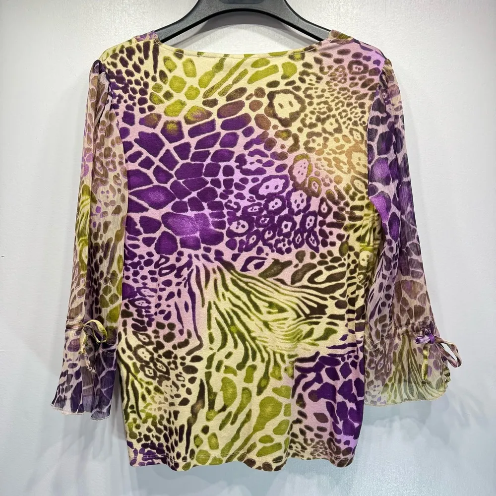 Caribbean Joe Mixed Animal Print Cotton Knit Top Sheer Bell Cuff 3/4 Sleeves - Image 2