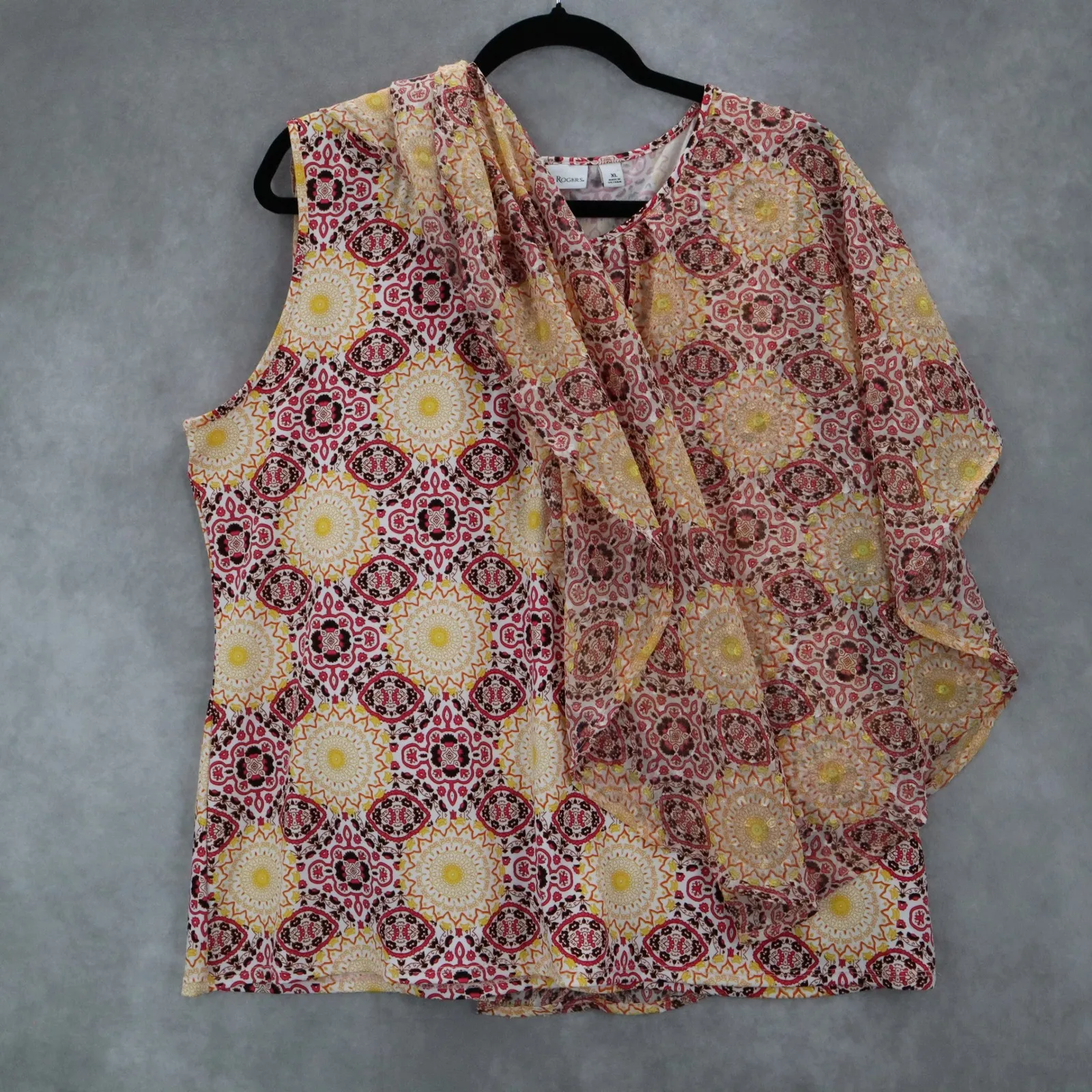 Kim Rogers Yellow Floral Dolam Casual Daisy Shine Palm Spring Bead Top Blouse XL - Image 6