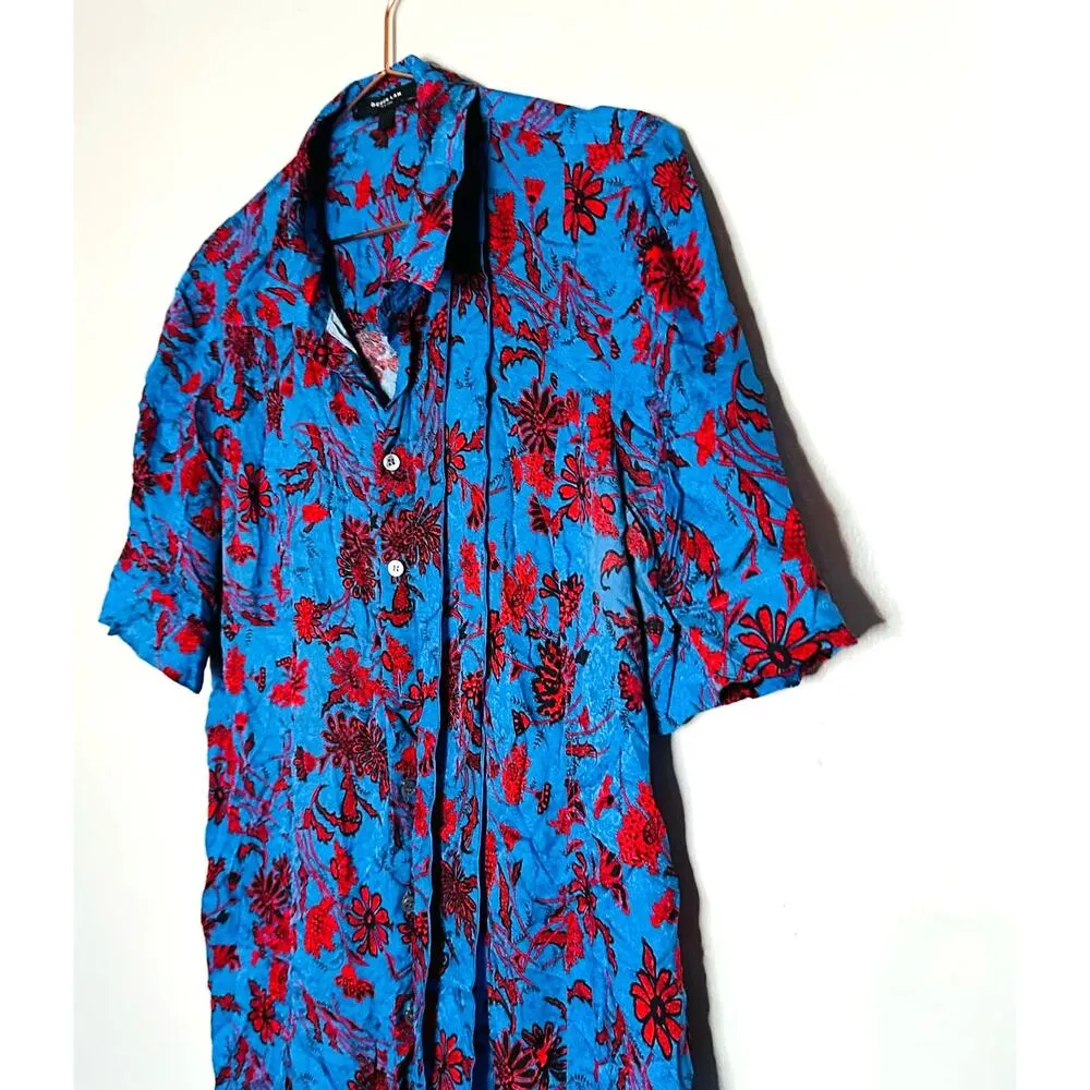 Derek Lam Blue & Red Floral Print Button Front A-Line Shirt Dress Size 4 - Image 8