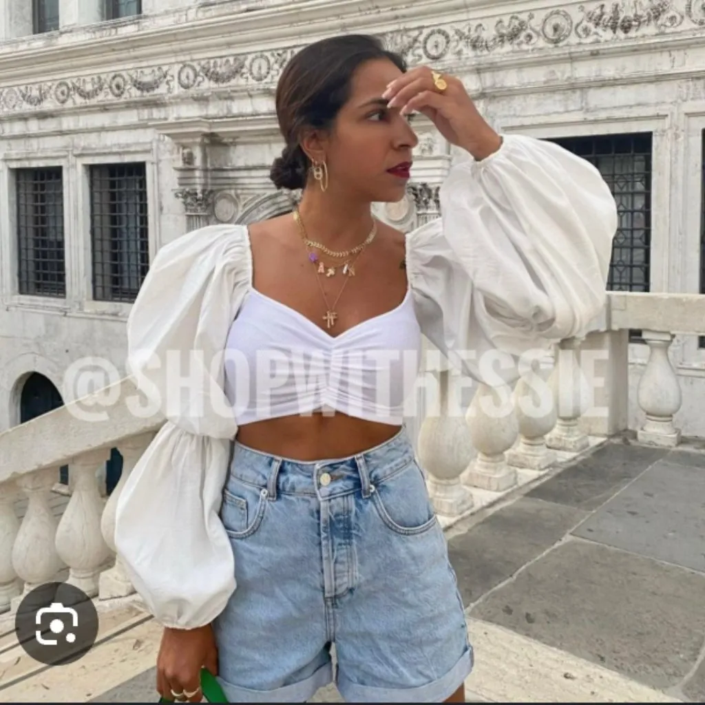 Zara White Sweetheart Neck Ruched Puff Long Sleeve Crop Top Size S - Image 3