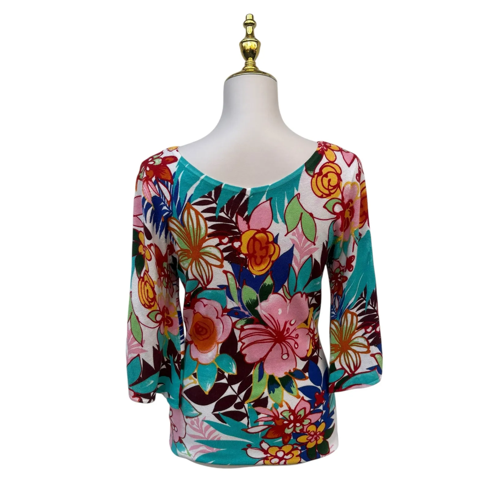 Boston Proper Top Sz M Bold Floral Print Stretch Split Sleeve Resortwear Vibrant - Image 3