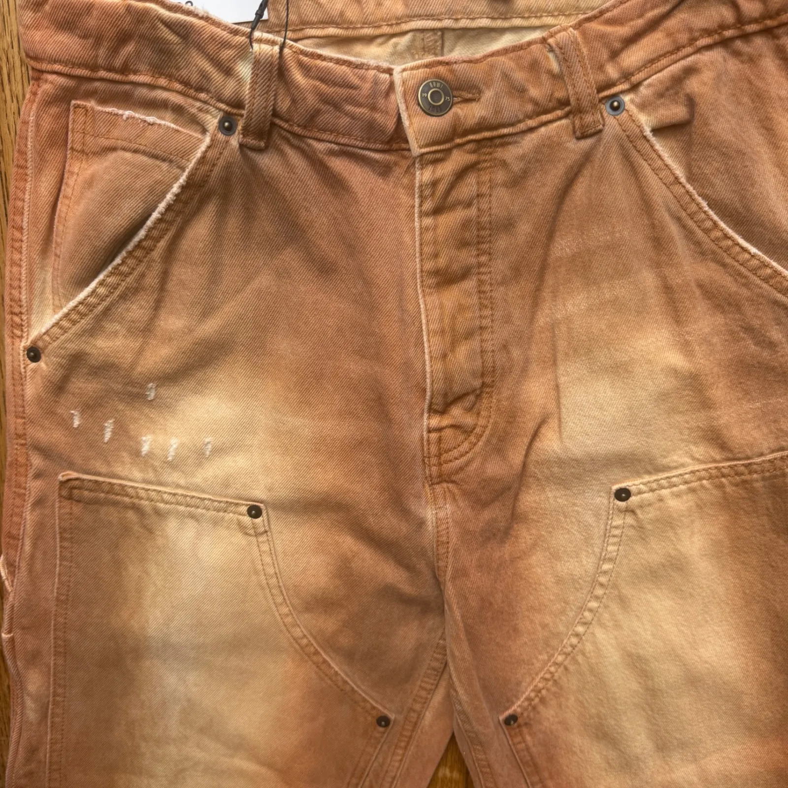 ZARA Carpenter Pants Women Sz 30 Orange Tan Washed Denim Utility Workwear - Image 5