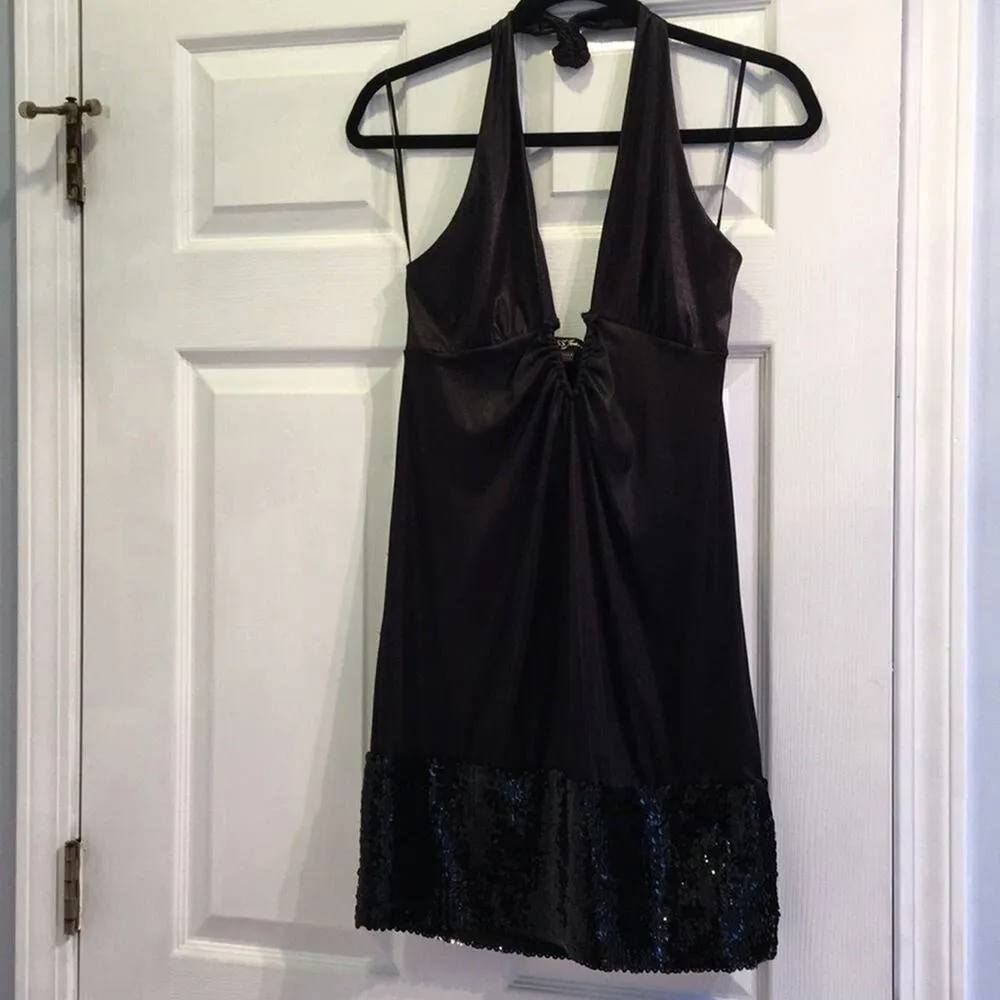 GUESS Jeans Deep V Halter Dress Size Large Black SEXY Pluge mini - Image 2