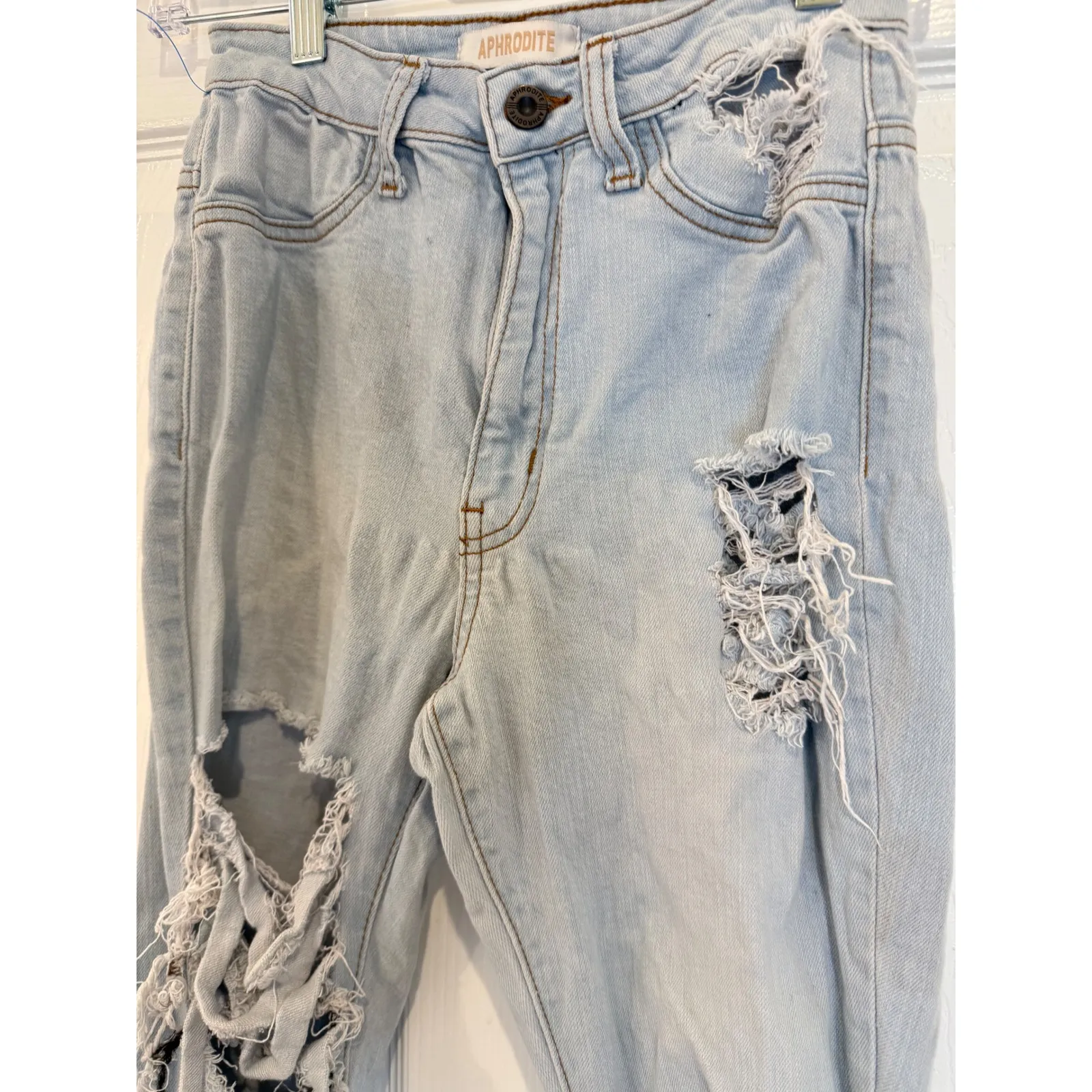 Aphrodite Jeans sz 5 Light Wash Distressed Ripped Fringed Hem Flare Bell Bottom - Image 2