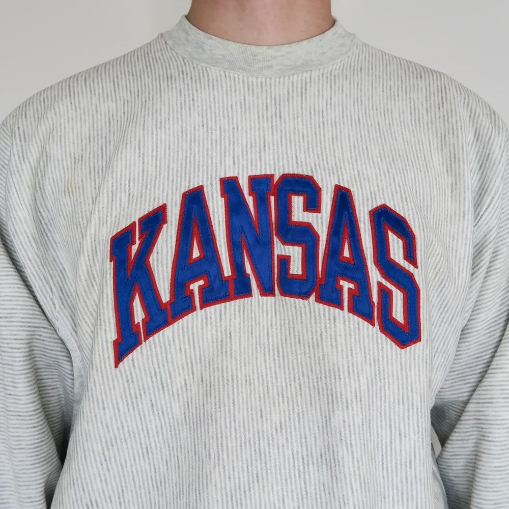 Vintage 90s KU Jayhawks Kansas Gray Pinstripe Sweatshirt Size M - Image 4