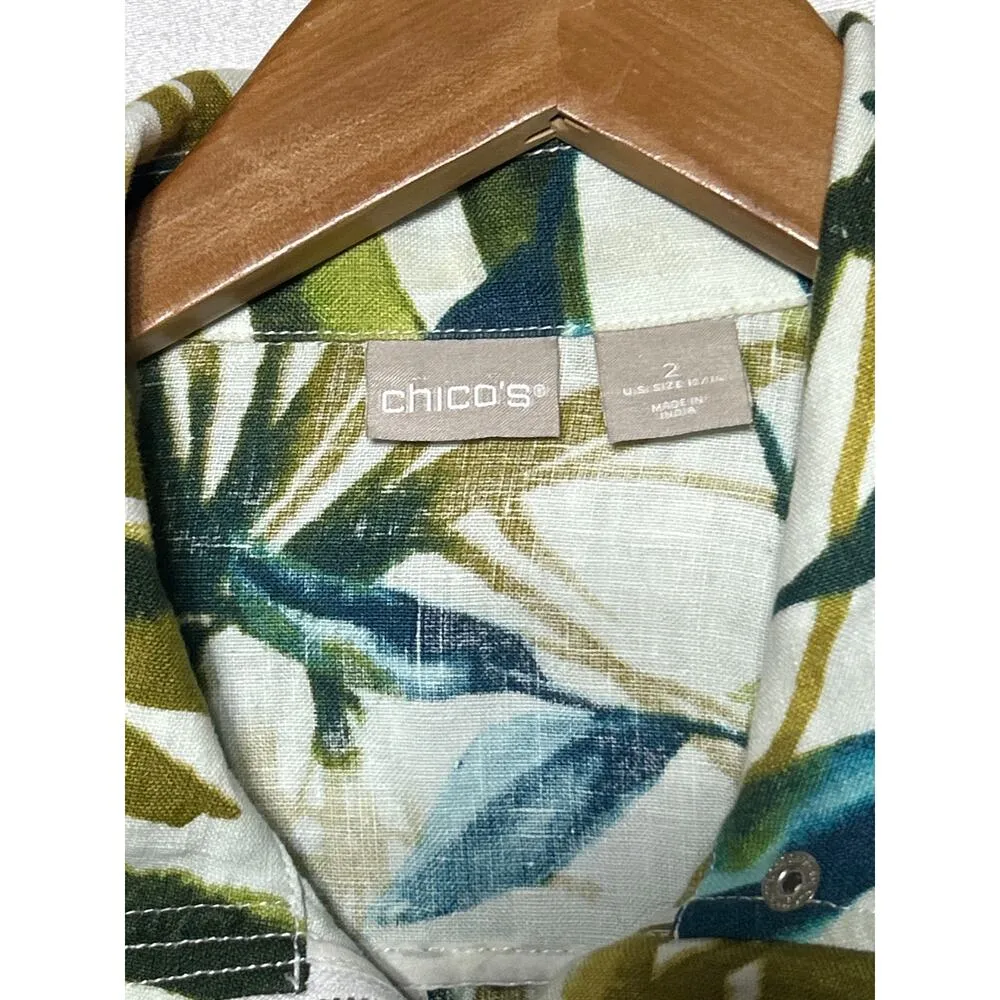 Chicos 100% Linen Jacket 2 Large 12 14 Cream Green Palm Leaves Tropical Hawaiian - Image 7