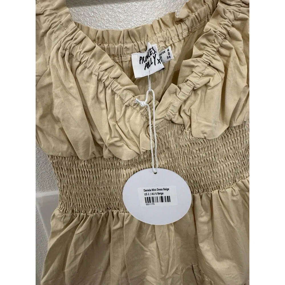 Princess Polly Daniela Mini Dress Size 2 Beige Fit & Flare Ruffle Bridal NWT - Image 2