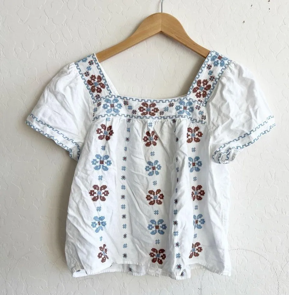 Madewell Cross Stitch Top Shirt NF217 white blue brown - Image 5