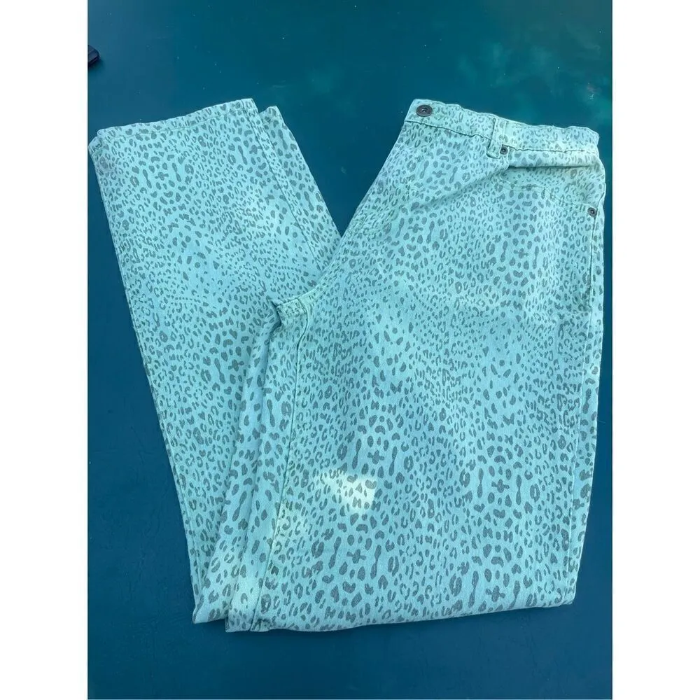 DG2 Diane Gilman Women Denim Jeans Stretch Animal Print Light Green/Black Size 1 White - Image 9