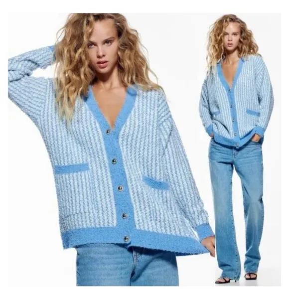 Blue Chunky Oversized Tweed Striped Button Cardigan Sweater Size S - Image 2