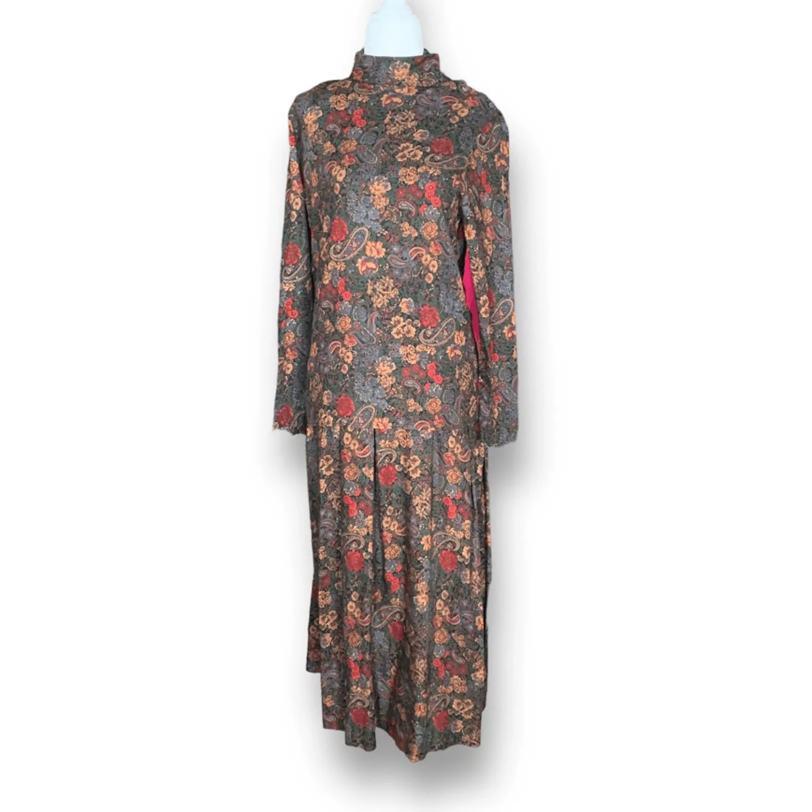 Vintage 90s Talbots Paisley Floral Skirt Set Mock Neck Midi Size 4 Dark Romance Red - Image 3