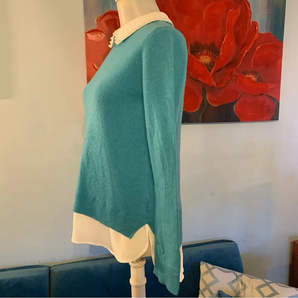 Charter Club Pure Cashmere Rhinestone Collar Blue & White Women's Top Shirt XS - Image 4