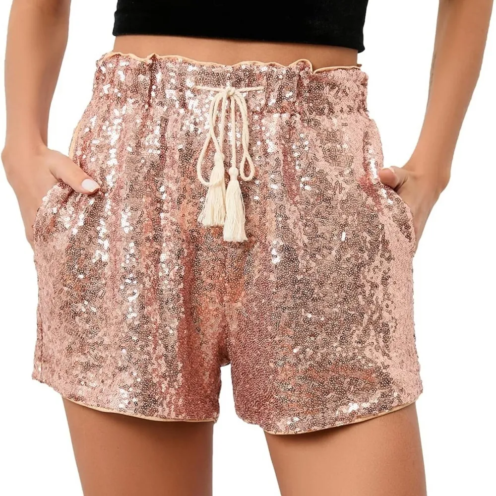 Sequin Champagne color Women's pull on high waisted Shorts size medium NWT - Image 2