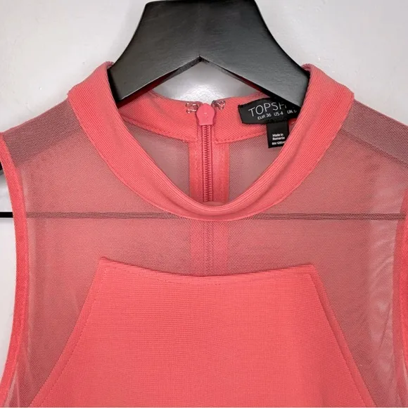 Topshop Mesh Insert Coral Sleeveless Skater Dress‎ Size 4 - Image 3