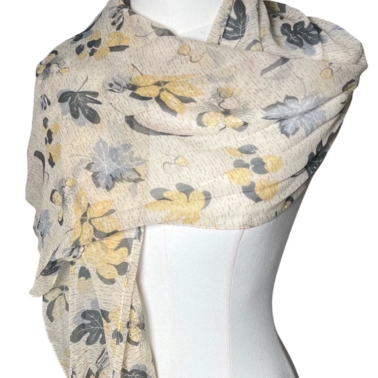 Abstract Leaf Print Silk Scarf Gray Green Yellow Kenneth Cole New York - Image 2