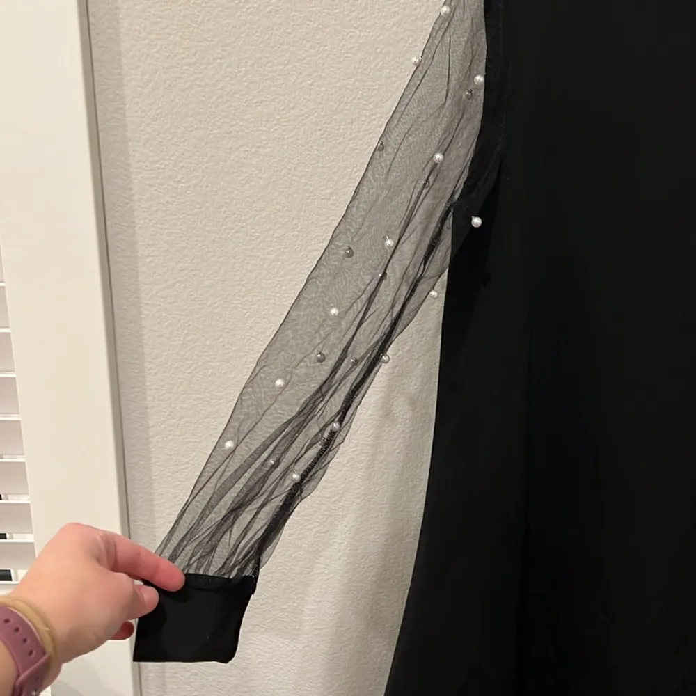 Sheer Sleeve Midi Dress with Pearl Accents | Medium | Shein - Image 2