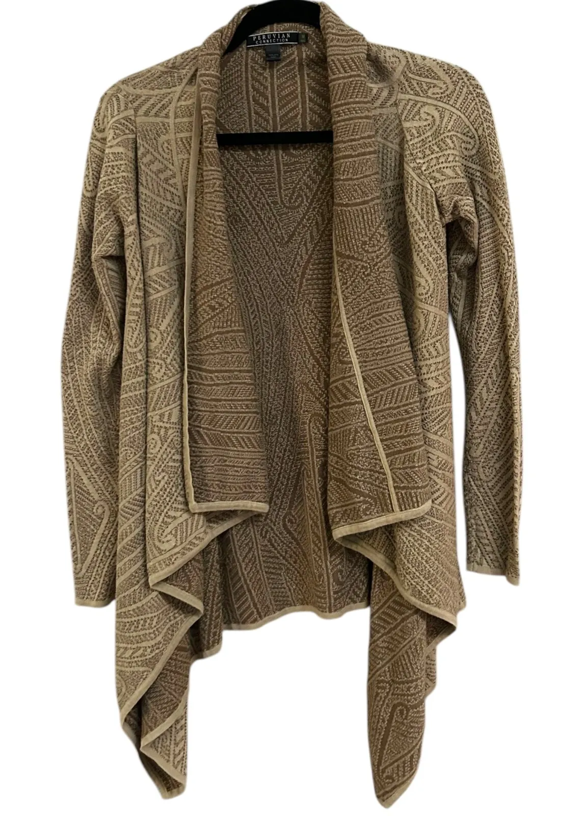 Peruvian Connection Brown Tan Pima Cotton Knit Waterfall Cardigan Sweater Medium - Image 1