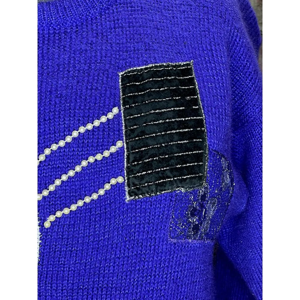 sweater vintage 1980s geometric beads purple black cream Size L - Image 3