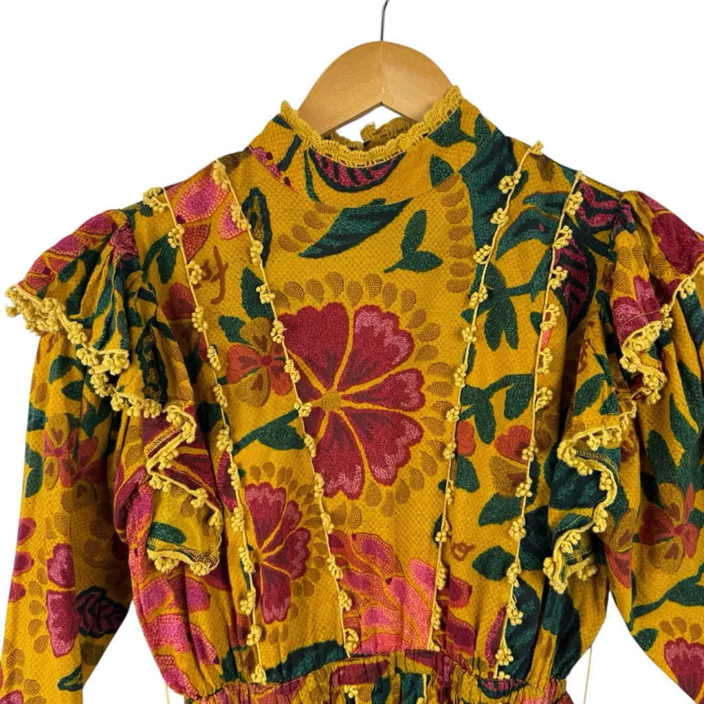 Farm Rio Flowerdoscopic Cotton Ruffle High Neck Floral Mini Dress Yellow Size XS - Image 3