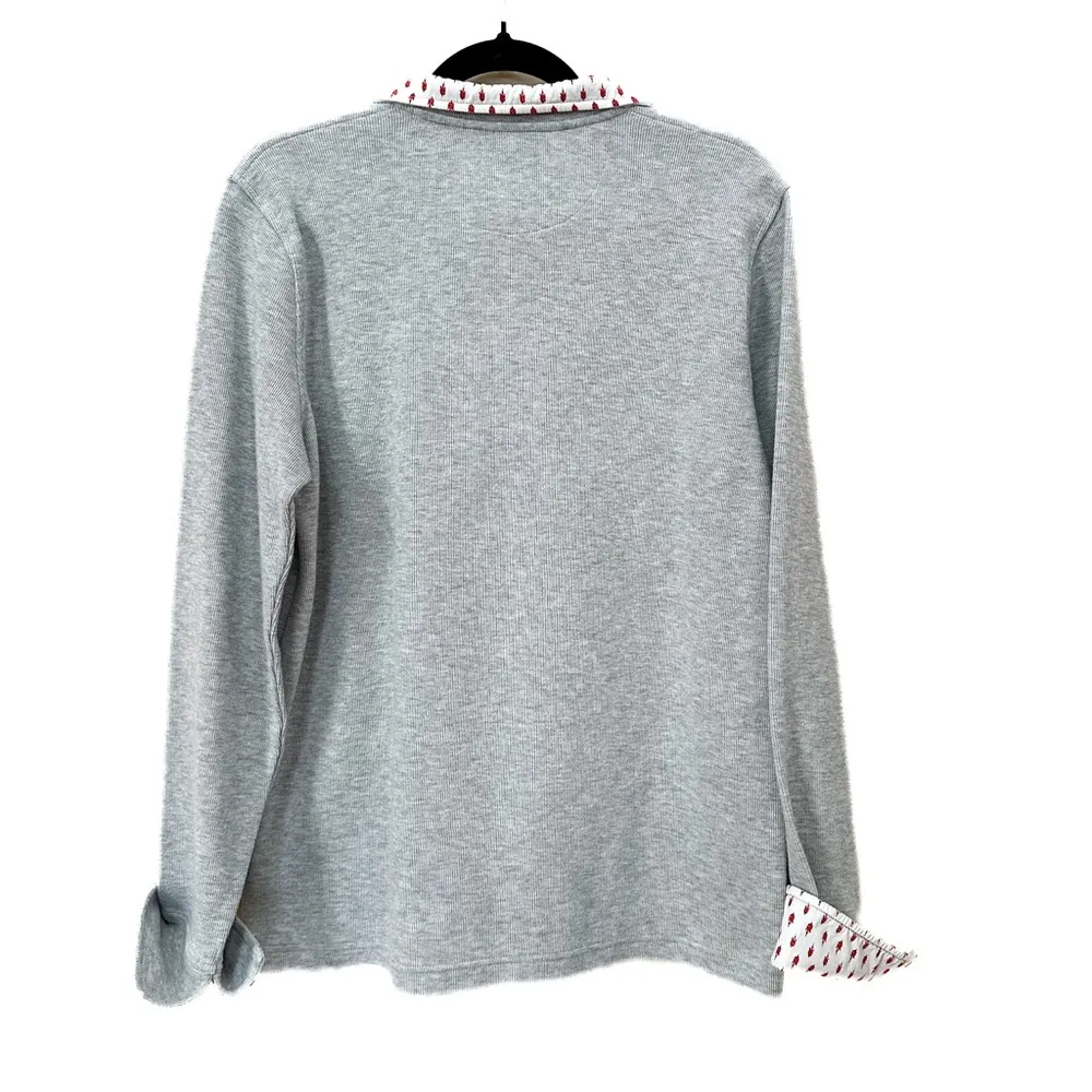 Orvis Women's Sandy Point 1/4 Zip Pullover Heather Grey, white & red print cuffs - Image 2