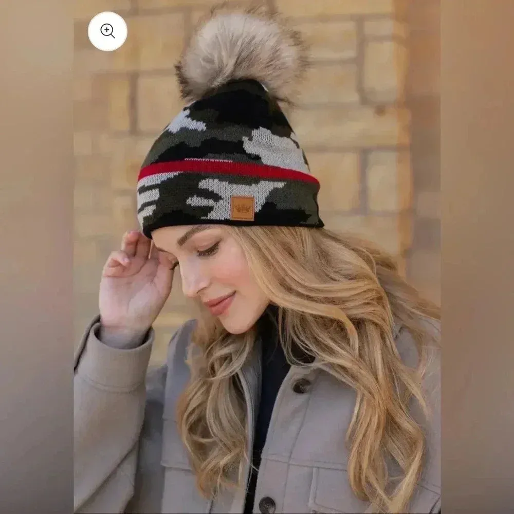 PANACHE Vegan Fur Puff Knit Winter Hat in Green Camo - Image 2