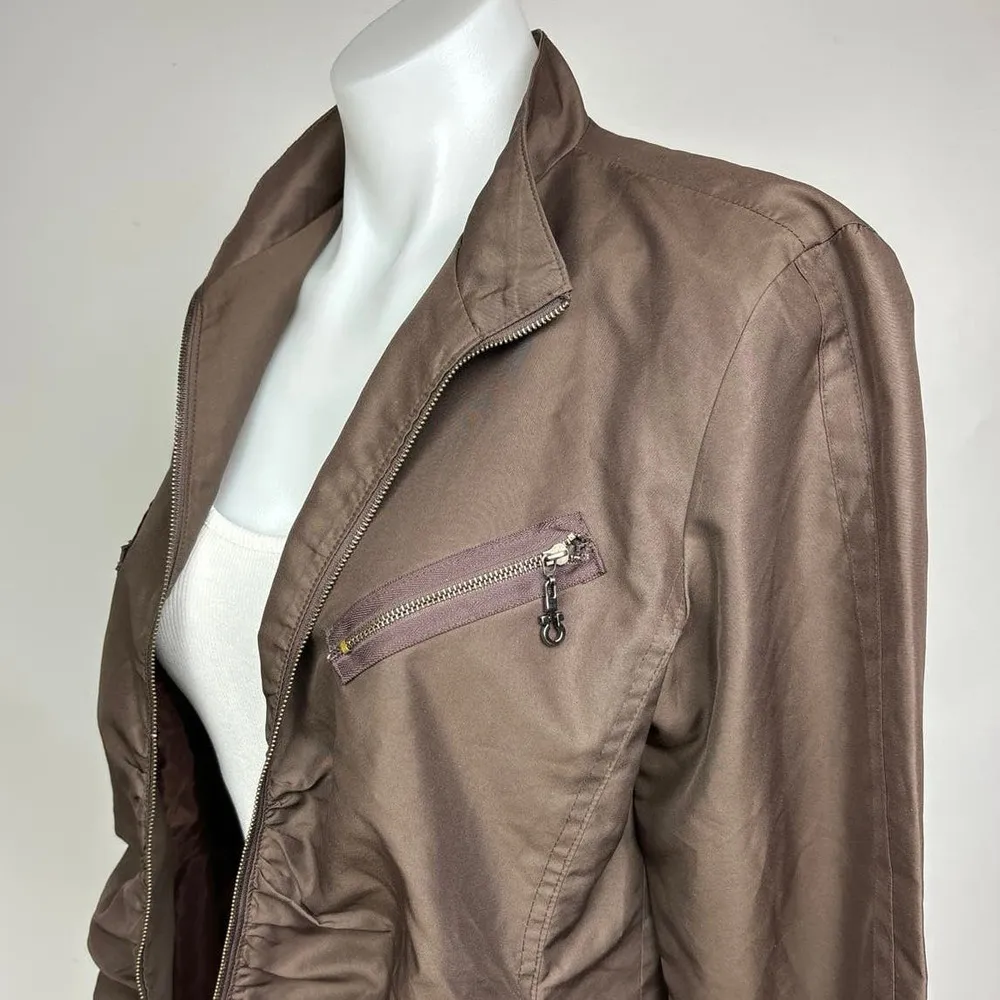 Black Vintage Brown Ruched Zip Up Pockets Collar Flight Utility Bomber Jacket M Size M - Image 7