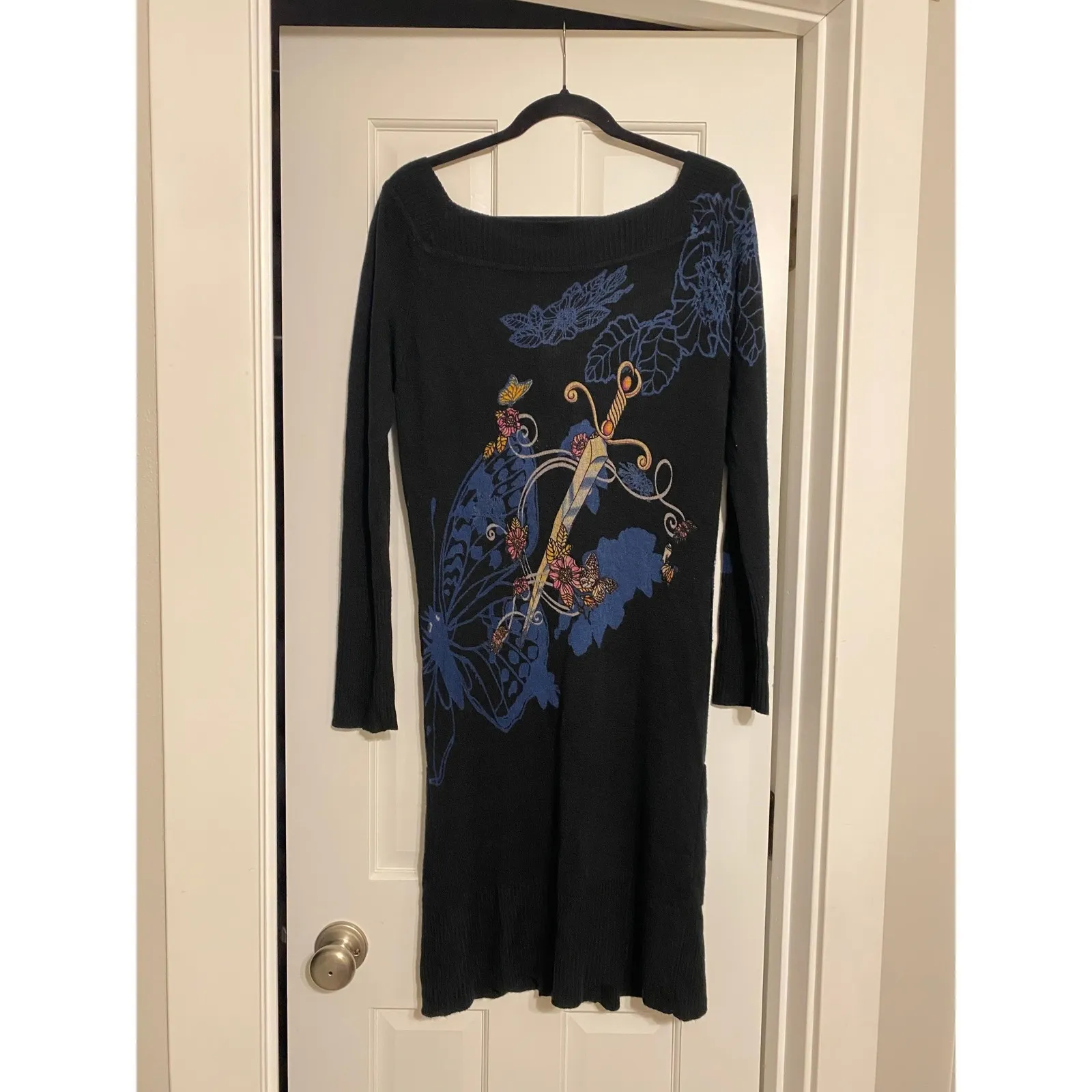 Gramm Y2K Moth Sword Black Knit Cardigan Sweater Duster Medium Goth Alt Tattoo - Image 4