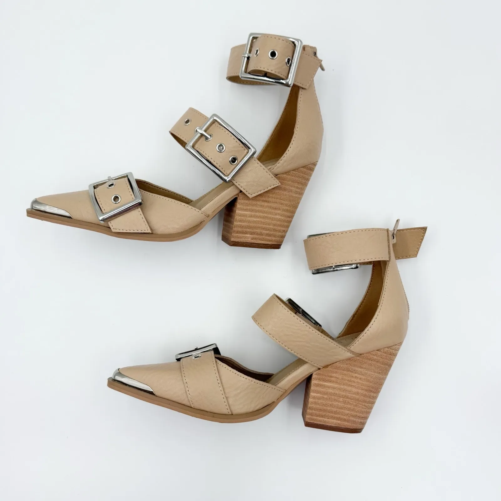 Mi.iM Proving My Point Heels Beige Pointed Steel Toe Block Heel Buckle Size 7 Tan - Image 5