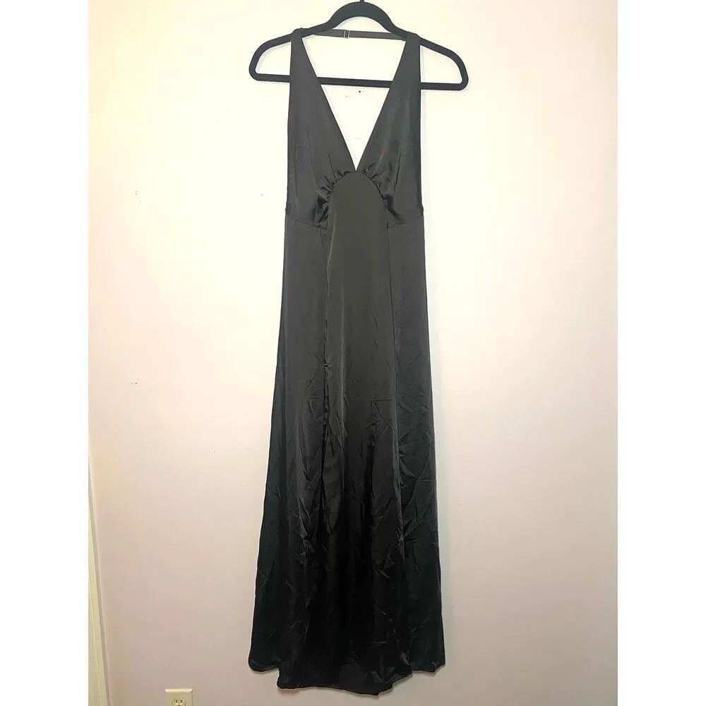 NWT Free People Women's Large Black Halter Slit Silky Dance Til Dawn Maxi Dress - Image 3