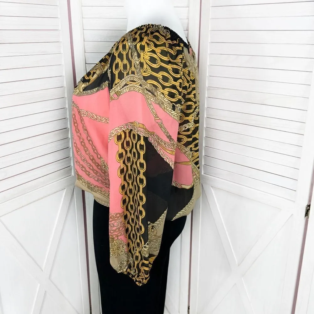 Metaphor‎ Equestrian Print Chiffon Smocked Neck Blouse Black Pink XL - Image 2