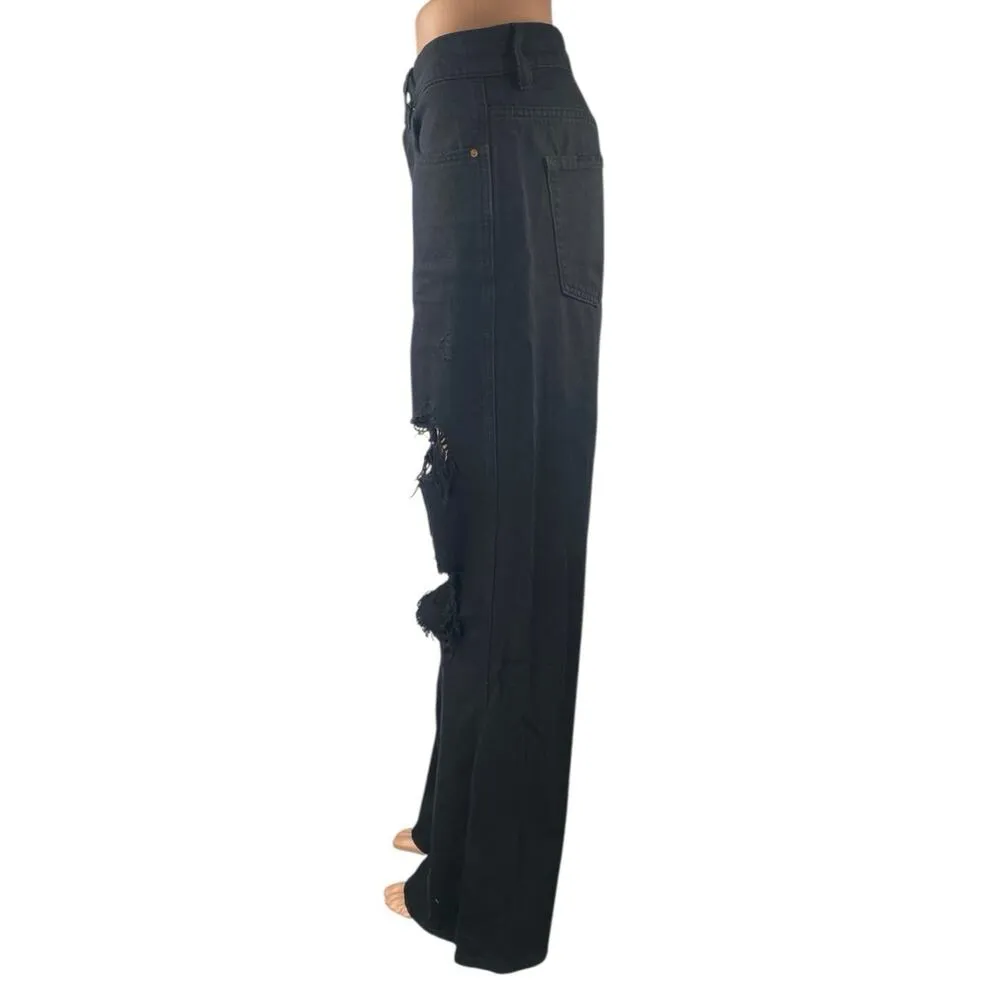Pacsun Women's Black Distressed Wide Leg High Waist Baggy Denim Jeans Pants 27 - Image 2