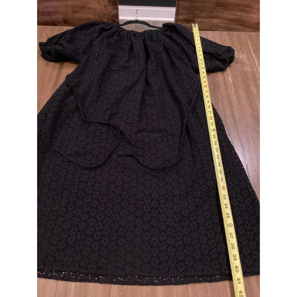 COS off shoulder Broderie Anglaise black cotton eyelet midi dress puff sleeve 4 - Image 9