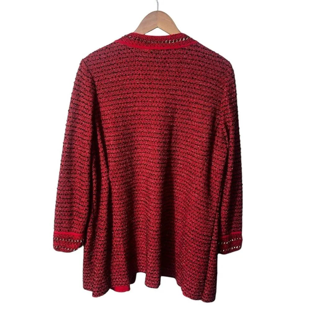 Misook Red and Black Tweed Chain Link Cardigan Size 0X - Image 4