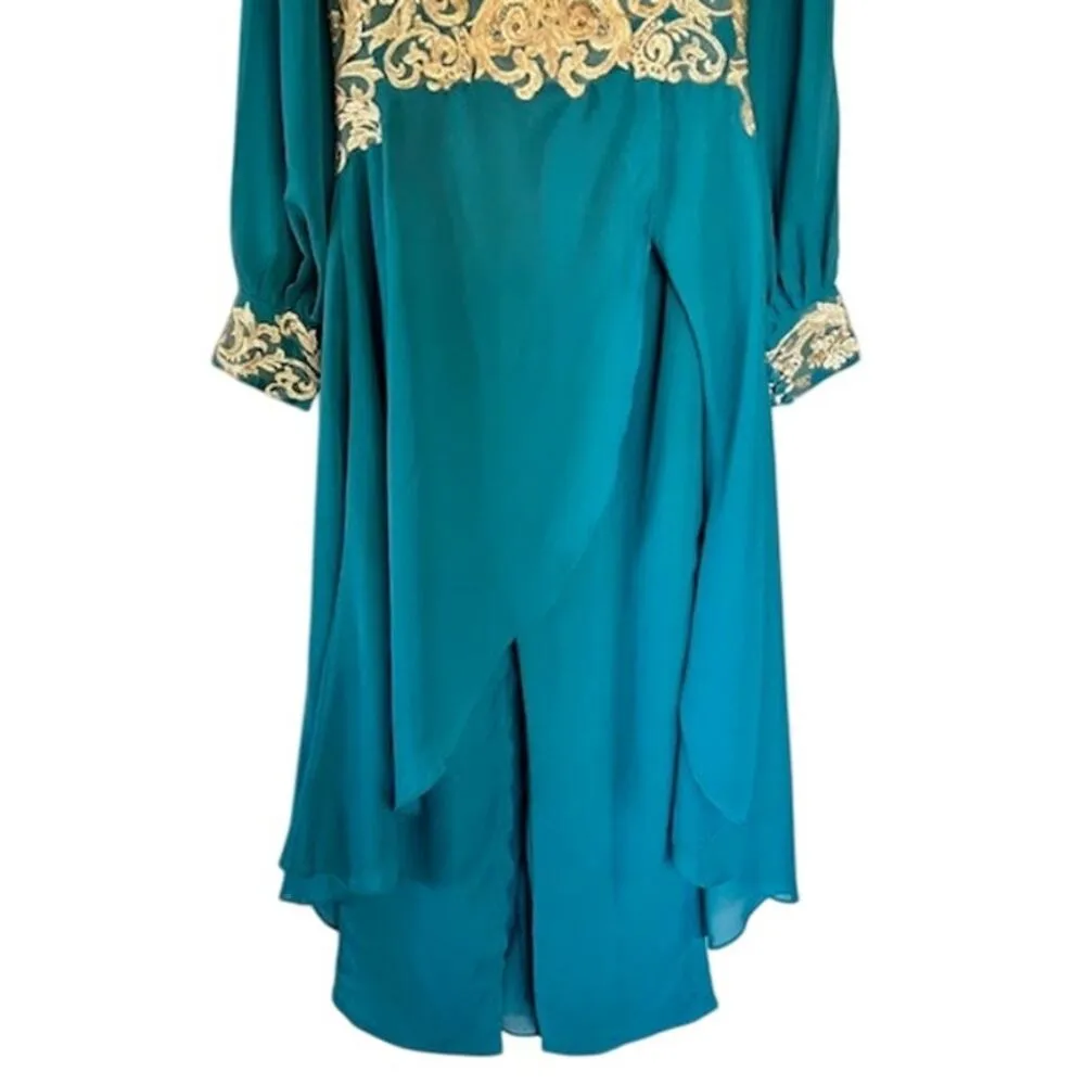 Elegant Teal/Turquoise Jumpsuit with Gold Embroidery Size 8– New Without Tags Blue - Image 4