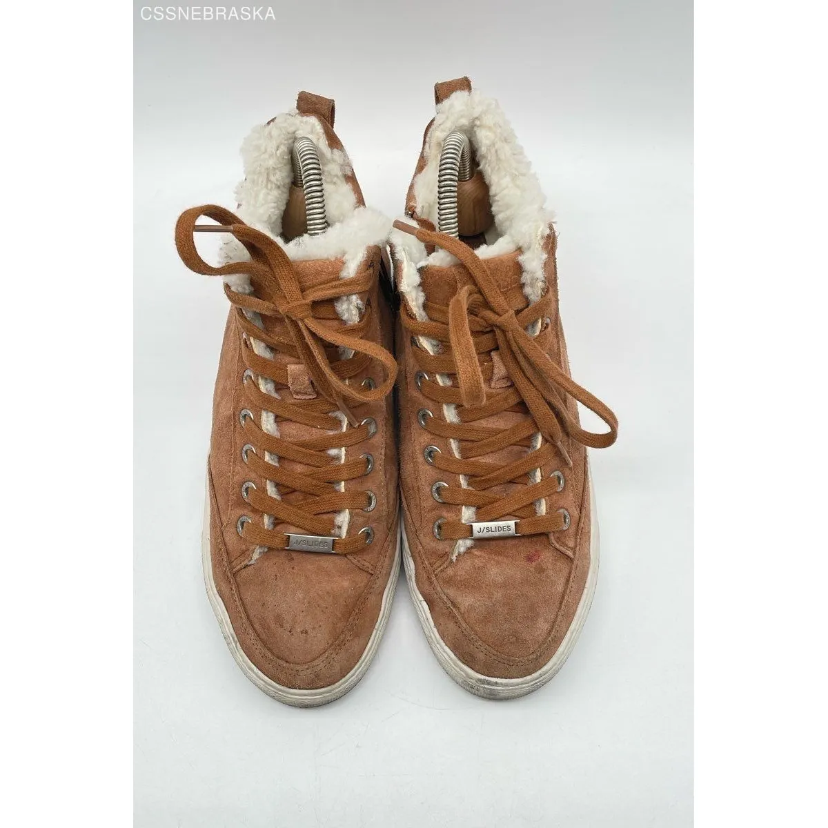 J/SLIDES Brown Leslie Shearling Trim Suede Leather Mid Top Sneakers - Image 3
