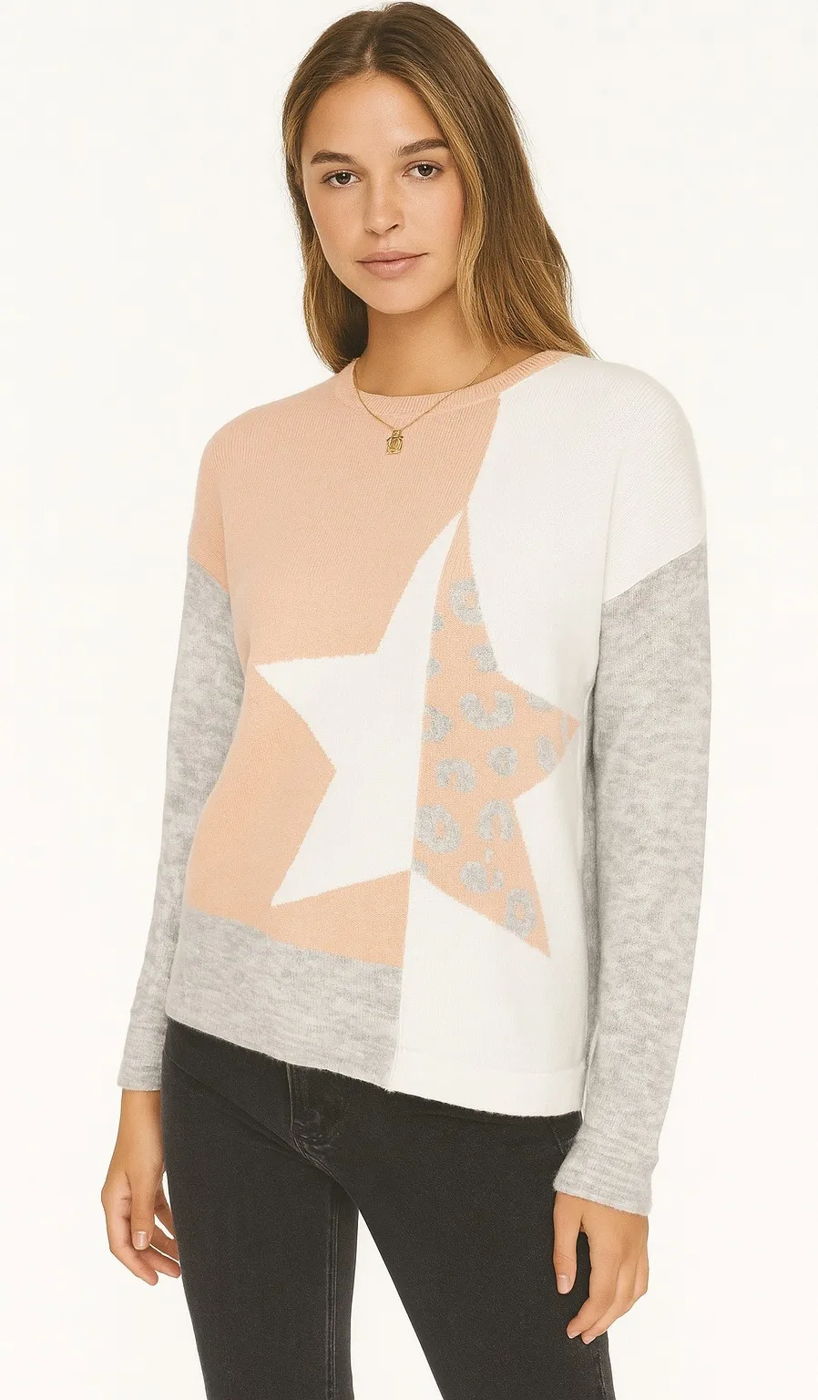 Andree By Unit Star Print Sweater Color Block Pullover Knit Top Womens Size L - Image 1