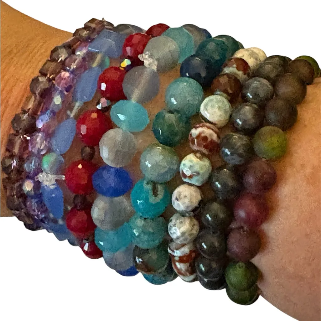 Czech Glass Squares and AB Frosted Artisan made Beaded Stretch Bracelet. Blue - Image 4