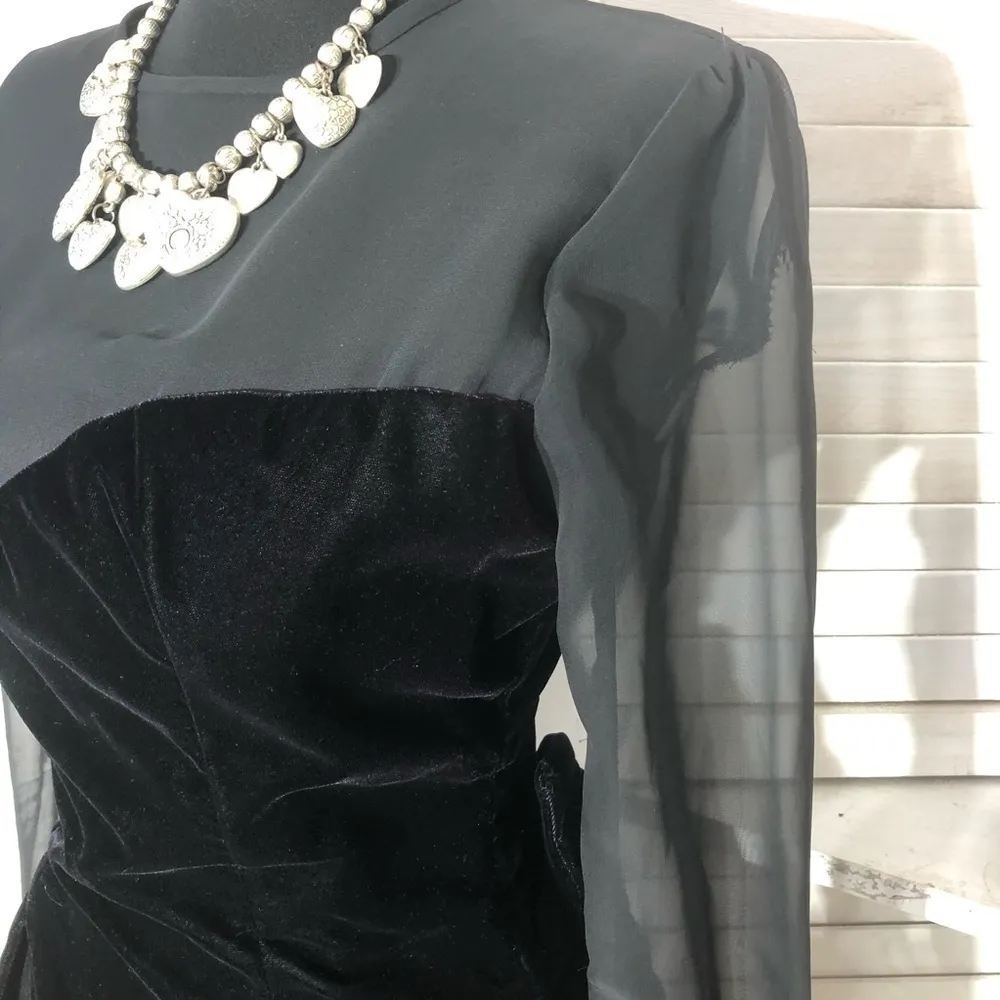 Vintage Black Velvet Sheer Sleeve Cocktail Dress XS - Image 6