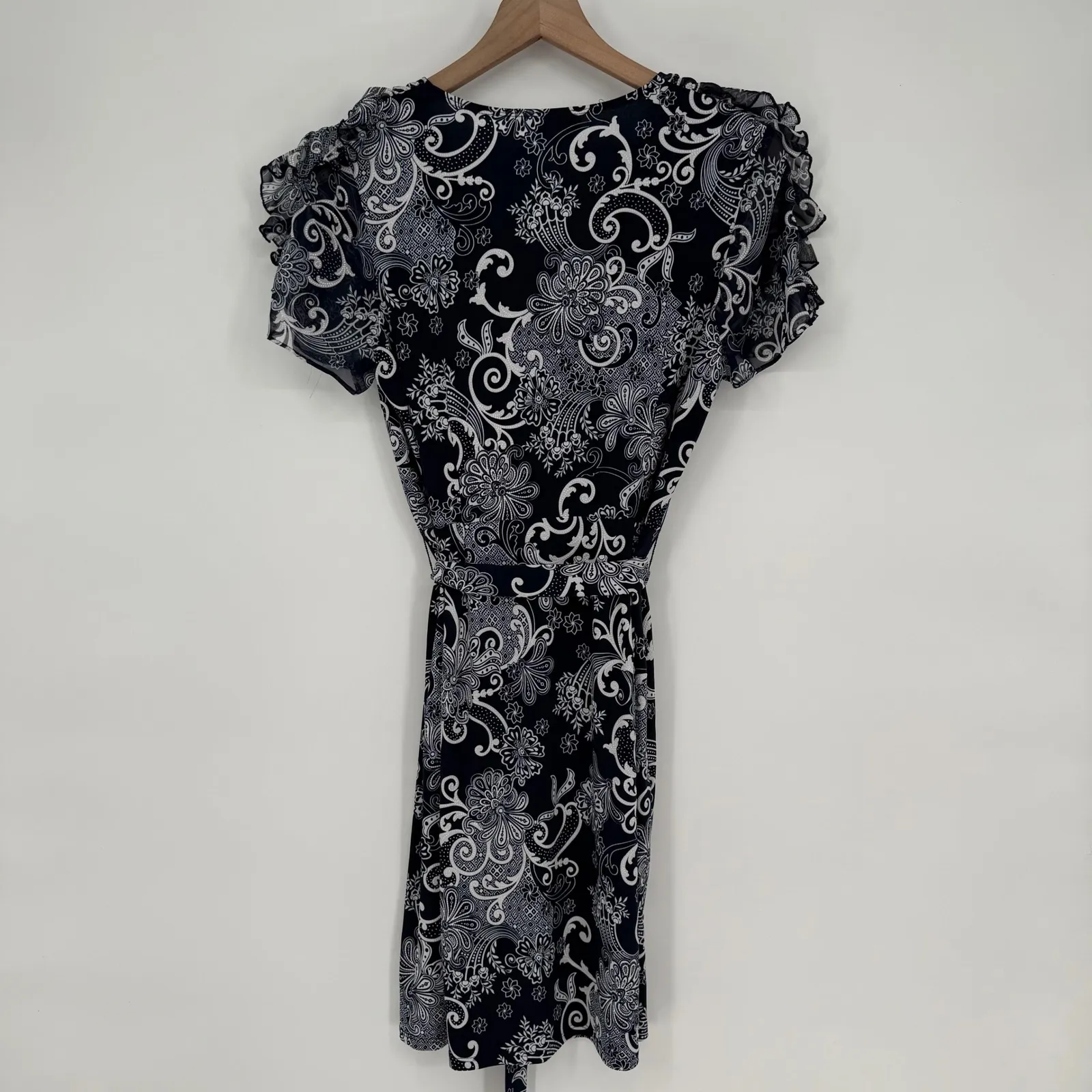Glamour Women's Navy‎ Blue White Paisley Print Wrap Dress Ruffle Sleeve Size 8 - Image 10