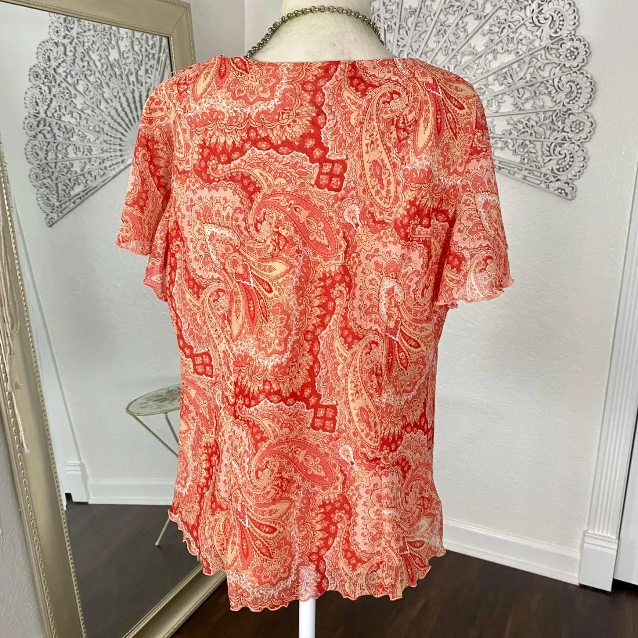 Early 2000's Orange Pink Paisley Mesh Coquette Blouse Top Plus Size 16W XL Pet - Image 5
