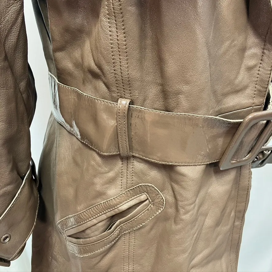 Bebe‎ Leather Brown Belted Trench Coat Womens Medium 70's Spring Steampunk - Image 3